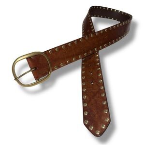 Coach Embossed Leather Belt with Brass Studs and Buckle